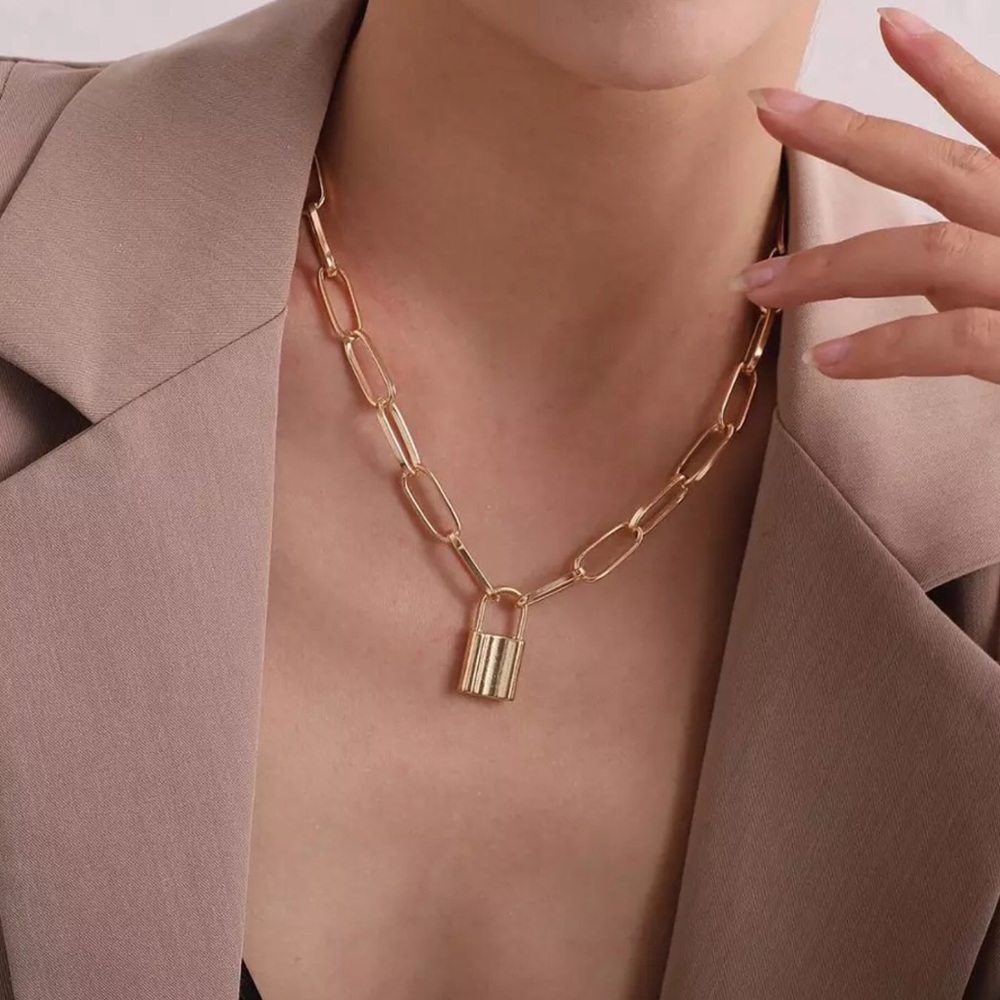 Gold punk padlock lock pendant chain necklace.